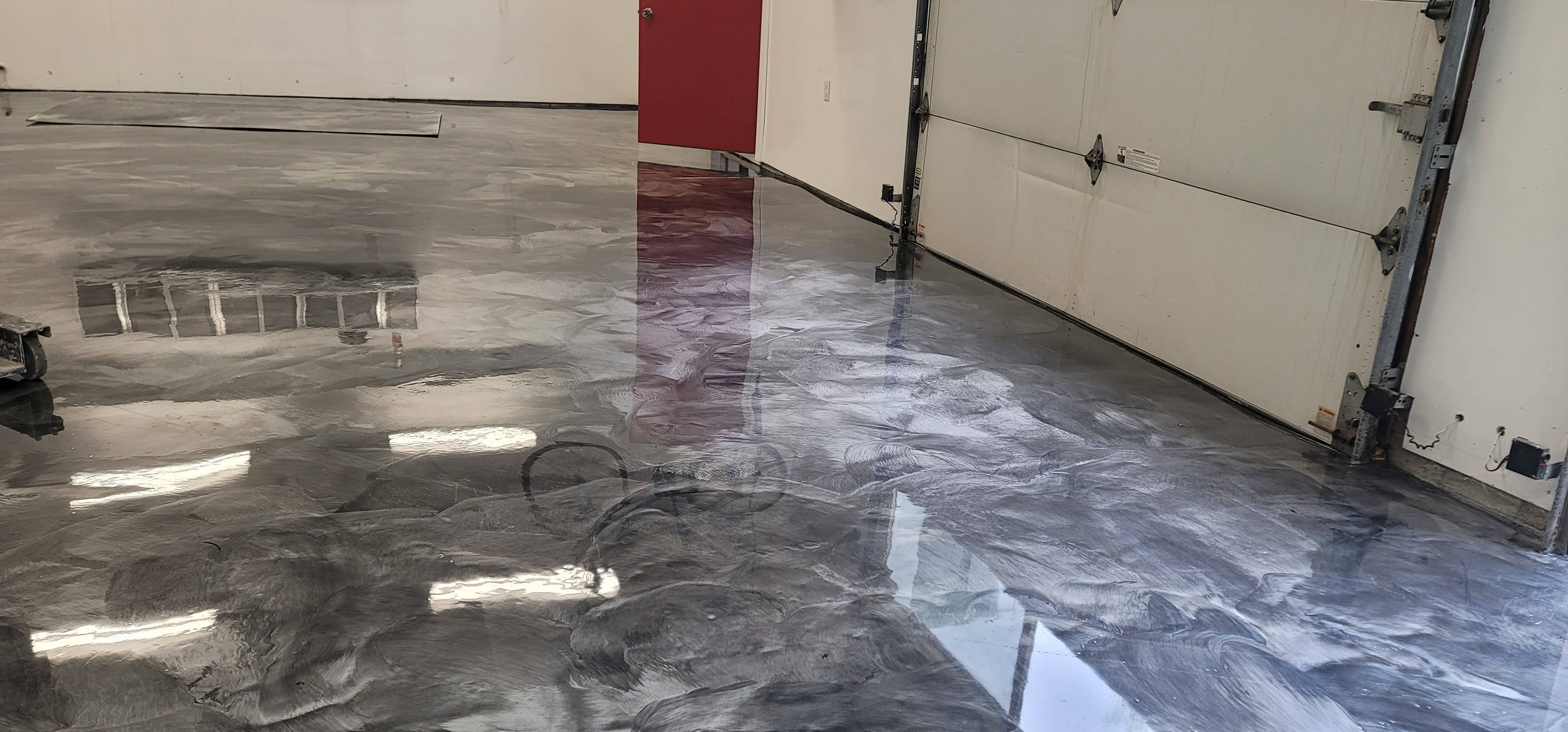 Beautiful silver metallic swirl epoxy finish in a Boise garage